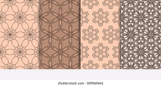 Set of abstract geometry flower seamless pattern. Brown color, Vector illustration. For design clothes, greeting card, scrapbook, wallpaper fills