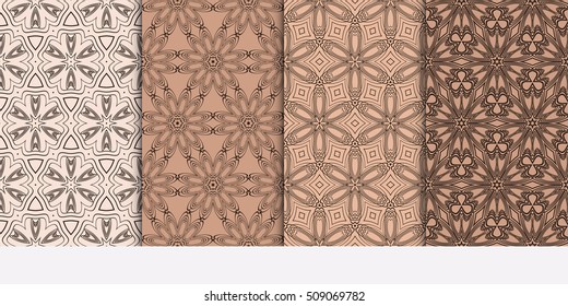 Set of abstract geometry flower seamless pattern. Brown color, Vector illustration. For design clothes, greeting card, scrapbook, wallpaper fills
