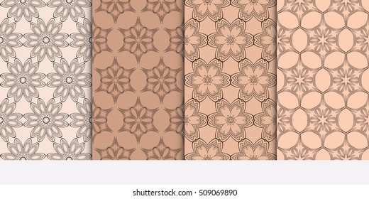 Set of abstract geometry flower seamless pattern. Brown color, Vector illustration. For design clothes, greeting card, scrapbook, wallpaper fills