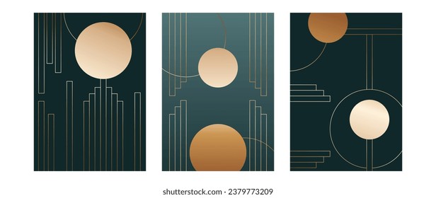 Set of abstract geometry patterns in art deco style. Vector luxury gold and luxury invitation background design in dark blue. For invitation, cover, vip card, print, poster.	