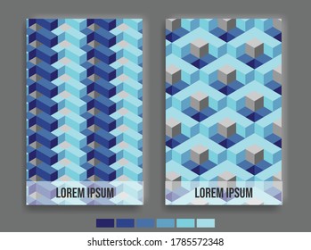 un póster de geometría abstracta de conjunto o un patrón isométrico 3d, para portada y póster frescos. Colección de tapas de cosecha frescas. fondo de composición azul moderno.