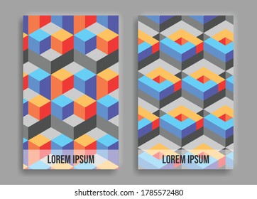 a set abstract geometry poster or 3d isometric pattern, for retro cover and poster. Collection of cool vintage covers. modern colorful compositions background.