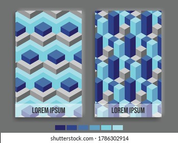 un póster de geometría abstracta de conjunto o un patrón isométrico 3d, para portada y afiche retro. Colección de elegantes cubiertas. fondo de composición azul moderno.