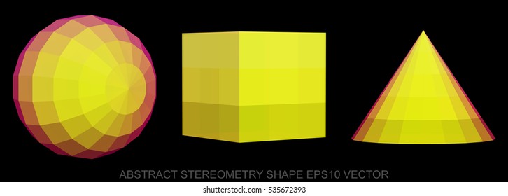 Set of Abstract geometry shape: low poly Yellow Sphere, Cube, Cone. 3D polygonal objects, EPS 10, vector illustration.