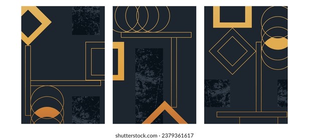 Set of abstract geometry templates with art deco style with marble texture. Gold and luxury invitation background design vector in dark color. For invitation, cover, vip card, print, poster	