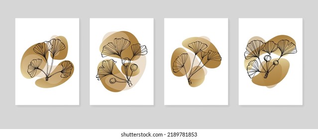 Set of Abstract ginkgo Hand Painted Illustrations for Wall Decoration, minimalist flower in sketch style. Postcard, Social Media Banner, Brochure Cover Design Background. Modern Abstract art Artwork
