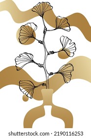 Set of Abstract ginkgo Hand Painted Illustrations for Wall Decoration, minimalist flower in sketch style. Postcard, Social Media Banner, Brochure Cover Design Background. Modern Abstract art Artwork