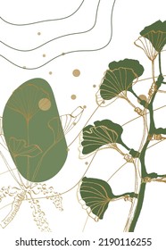 Set of Abstract ginkgo Hand Painted Illustrations for Wall Decoration, minimalist flower in sketch style. Postcard, Social Media Banner, Brochure Cover Design Background. Modern Abstract art Artwork
