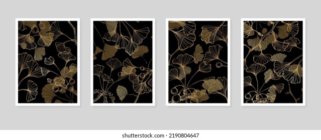Set of Abstract ginkgo Hand Painted Illustrations for Wall Decoration, minimalist flower in sketch style. Postcard, Social Media Banner, Brochure Cover Design Background. Modern Abstract art Artwork