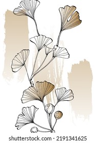 Set of Abstract ginkgo Hand Painted Illustrations for Wall Decoration, minimalist flower in sketch style. Postcard, Social Media Banner, Brochure Cover Design Background. Modern Abstract art Artwork
