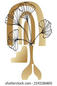 Conjunto de ilustraciones de ginkgo abstracto pintadas a mano para la decoración de paredes, flor minimalista en estilo boceto. Postcard, Banner de medios sociales, Fondo de diseño de portada de folletos. Arte de arte abstracto moderno