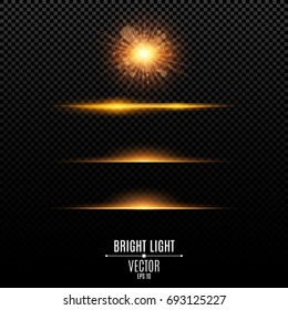 Set. Abstract glare and flashes isolated on a transparent background. Golden bright radiant star. Golden backlight. Orange soft neon lines and lights. Vector illustration