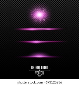 Establecer. Resplandor abstracto y destellos aislados en un fondo transparente. Estrella violeta radiante. Luz de fondo púrpura y luz suave. Luces y líneas violetas de neón blando. Ilustración del vector