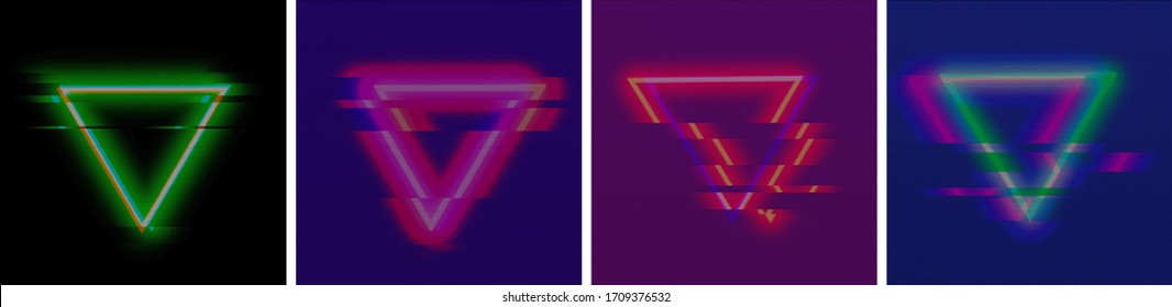 Set of abstract glitch backgrounds. Cyberpunk concept. Colorful techno backdrops with aesthetics of vaporwave style of 80's.
