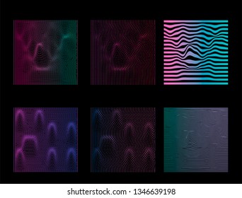 Set of abstract glitched square wireframes in neon vivid colors on dark background.