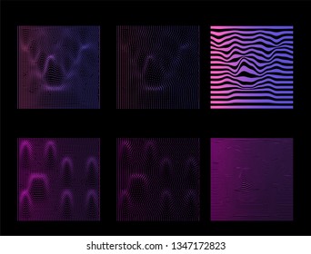 Set of abstract glitched square wireframes in neon vivid colors on dark background.