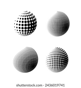 Set of abstract globe dotted spheres. Volumetric halftone effect vector background. Black and white illustration.