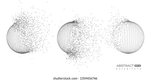 Set of abstract globe particles spheres with explosion effect. 3d technology digital style. Isolated on white background. Futuristic vector illustration.