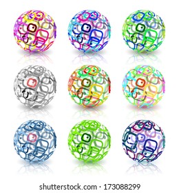 Set of abstract globes made from retro rectangles. Conceptual Technology