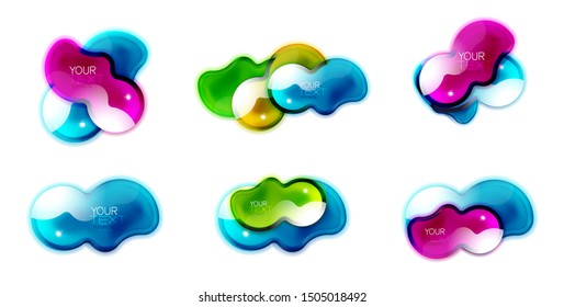 Set of abstract glossy shiny shapes. Liquid glass splash designs with sample text. Promotion web boxes, clean futuristic techno frames. Vector art