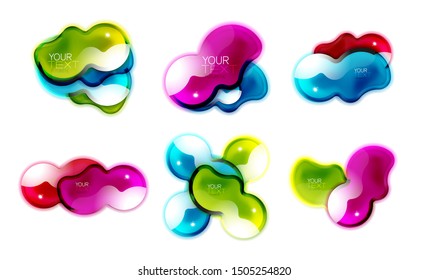 Set of abstract glossy shiny shapes. Liquid glass splash designs with sample text. Promotion web boxes, clean futuristic techno frames. Vector art