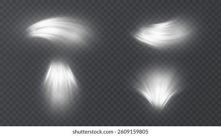 Set of abstract glowing air flow effects with smooth white stripes and motion blur on transparent background. Ideal for illustrating air conditioning flow, HVAC systems, ventilation schemes.	