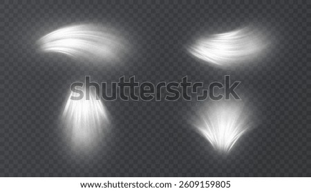 Set of abstract glowing air flow effects with smooth white stripes and motion blur on transparent background. Ideal for illustrating air conditioning flow, HVAC systems, ventilation schemes.	
