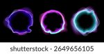 Set of abstract glowing circular sound waveforms in neon colors on a black background, ideal for music visualizers, DJ event graphics, audio interfaces, podcast branding, or EDM cover art. Vector