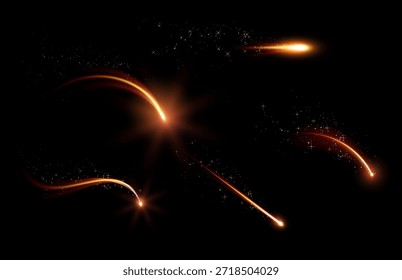 A set of abstract glowing falling golden lights with bright flashes and shimmering particles. Asteroid, comet, meteorite, pyrotechnic explosion. Vector illustration. Isolated black background.