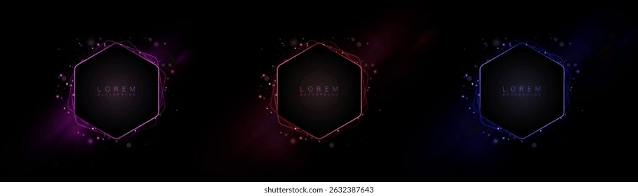 Set of abstract glowing hexagonal frames with neon particles on dark background. Vector template for tech banners, digital UI design, or futuristic presentations and covers.

