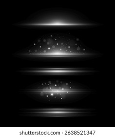 Set of abstract glowing light effects on a black background. Radiant sparkles and horizontal beams. Spotlight graphics. Vector illustration.