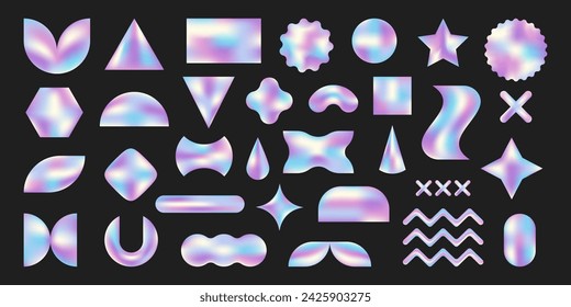 Set of abstract glowing liquid geometric and wavy shapes. 3d holographic elements, stickers, gradient vector figures of various forms. Modern futuristic y2k design of shimmering colors.