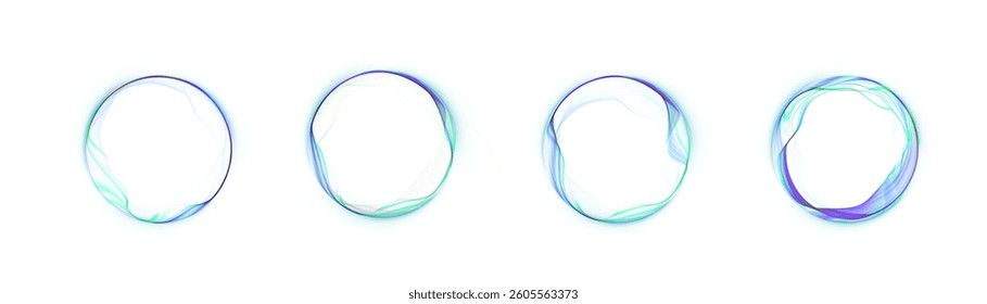 Set of abstract glowing round frames with smooth wavy lines in green and purple tones on a white background. Perfect for user interface elements, digital interfaces or futuristic design accents.