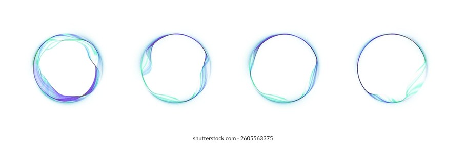 Set of abstract glowing round frames with smooth wavy lines in green and purple tones on a white background. Perfect for user interface elements, digital interfaces or futuristic design accents.