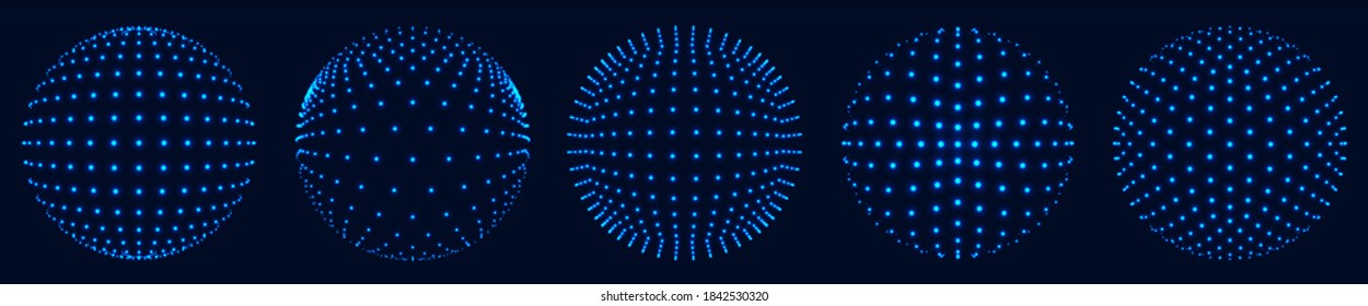 Set of abstract glowing spheres of multiple points. Globe or ball. Digital technology. Illustration in space style. Futuristic vector illustration.