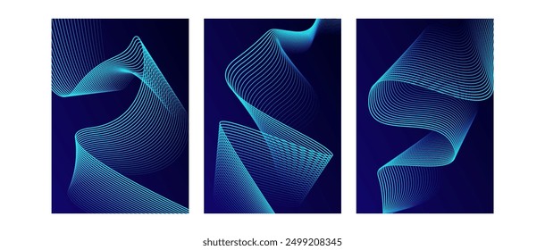 Conjunto de líneas de onda brillantes Abstractas sobre fondo azul oscuro. Patrón de onda dinámica. Líneas onduladas que fluyen modernas. Concepto de tecnología futurista