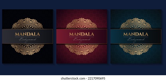 Set of abstract gold luxury mandala background vector template, Circular ornamental arabesque pattern for poster, cover, brochure, flyer. Red, green, blue background with ethnic floral mandala element