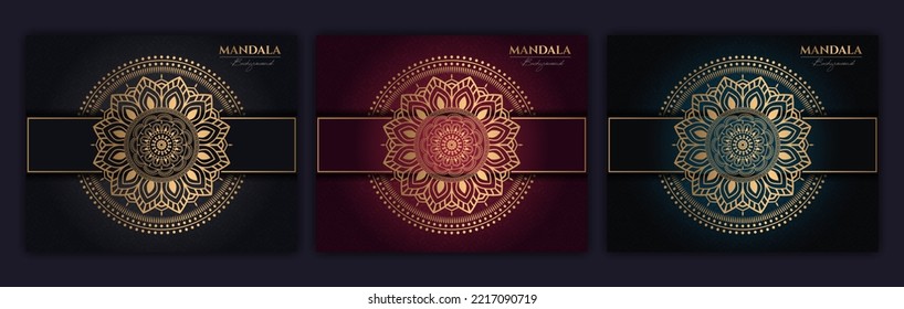 Set of abstract gold luxury mandala background vector template, Circular ornamental arabesque pattern for poster, cover, brochure, flyer. Red, green, blue background with ethnic floral mandala element