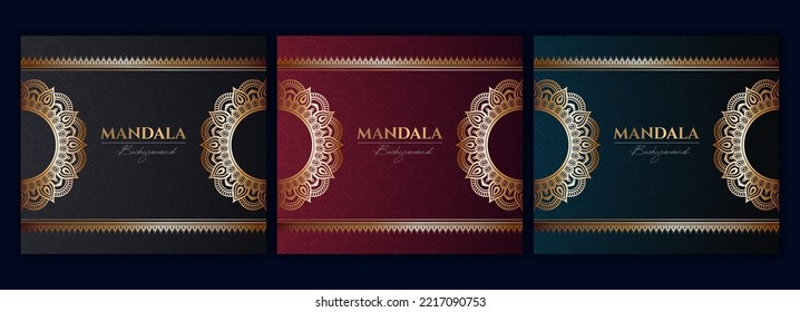 Set of abstract gold luxury mandala background vector template, Circular ornamental arabesque pattern for poster, cover, brochure, flyer. Red, green, blue background with ethnic floral mandala element