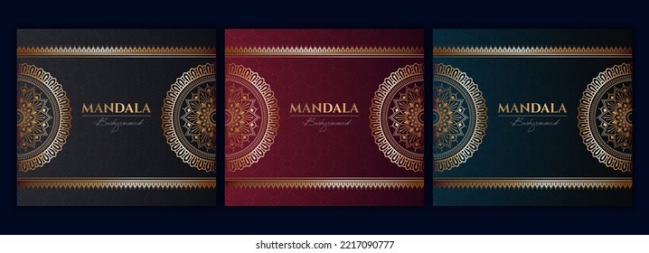 Set of abstract gold luxury mandala background vector template, Circular ornamental arabesque pattern for poster, cover, brochure, flyer. Red, green, blue background with ethnic floral mandala element