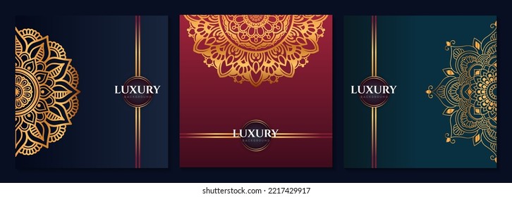 Set of abstract gold luxury mandala background vector template, Circular ornamental arabesque pattern for poster, cover, brochure, flyer. Red, green, black background with ethnic floral mandala elemen