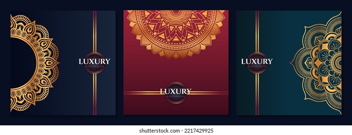 Set of abstract gold luxury mandala background vector template, Circular ornamental arabesque pattern for poster, cover, brochure, flyer. Red, green, black background with ethnic floral mandala elemen