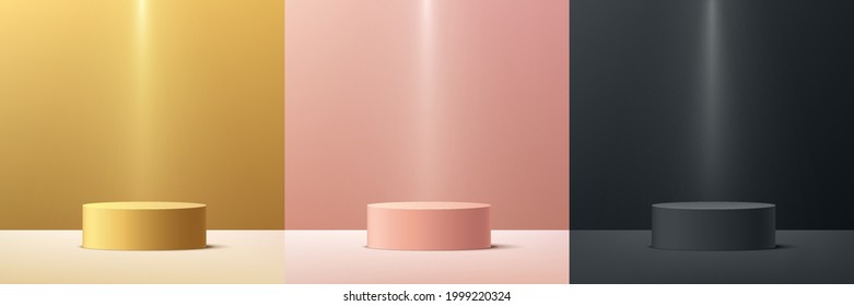 Set of abstract gold, pink gold, black cylinder pedestal podium with lighting. Luxury minimal wall scene collection. Modern vector rendering geometric platform for cosmetic product presentation. 