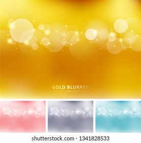 Set of abstract gold, pink, gray, blue color blurred background with circles bokeh and sparkle. Copy space. Vector illustration