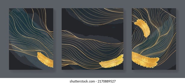 Set of abstract gold wall art vector. Line art, wavy and curved line, gold foil on watercolor background. Collection of luxury wall decoration perfect for decorative, interior, prints, banner.