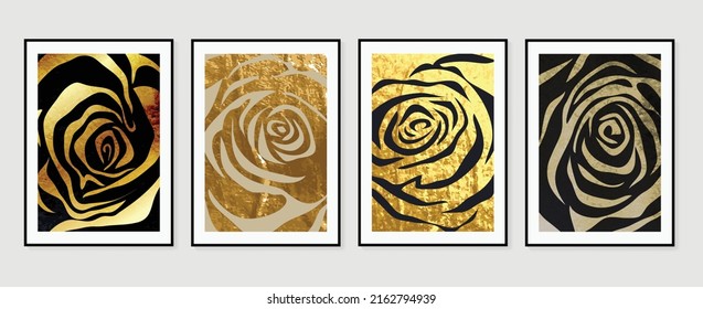 Set of abstract golden floral wall art template. Elegant line art, flowers, roses, gold foil texture. Collection of luxury wall decoration perfect for decorative, interior, prints, banner.