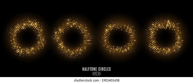 Set of abstract golden glittering halftone circles. Luxurious glowing dots circles for a disco party. Festive round frames for graphic design. Vector illustration. EPS 10.