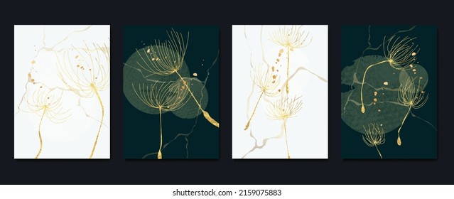 Set of abstract golden wall art template. Elegant line, floating seed of dandelion, gold foil on dark background. Collection of luxury wall decoration perfect for decorative, interior, prints, banner.