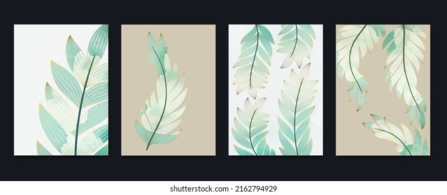 Set of abstract golden wall art template. Elegant line art, leaves, foliage, leaf branches on white background. Collection of wall decoration perfect for decorative, interior, prints, banner.