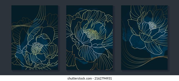 Set of abstract golden wall art template. Elegant line art, flowers, leaves, foliage on dark background. Collection of luxury wall decoration perfect for decorative, interior, prints, banner.